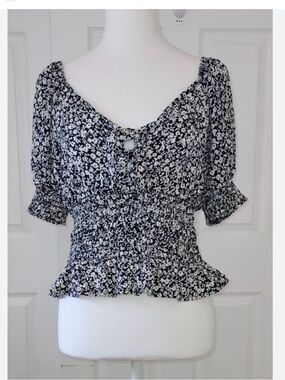 Navy Blue and White Floral Smocked Peplum Top